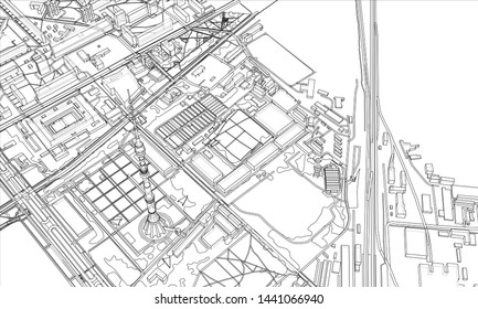 Outline city concept vector. Wire-frame style. The layers of visible and invisible lines. 3D illustration