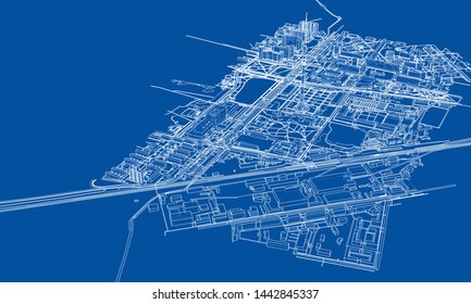Outline city concept vector. Wire-frame style. The layers of visible and invisible lines. 3D illustration