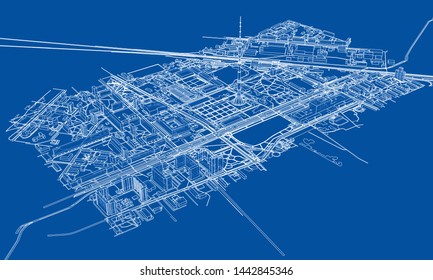 Outline city concept vector. Wire-frame style. The layers of visible and invisible lines. 3D illustration