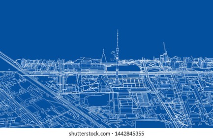 Outline city concept vector. Wire-frame style. The layers of visible and invisible lines. 3D illustration