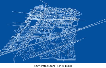 Outline city concept vector. Wire-frame style. The layers of visible and invisible lines. 3D illustration