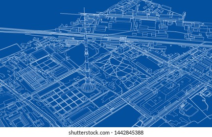 Outline city concept vector. Wire-frame style. The layers of visible and invisible lines. 3D illustration