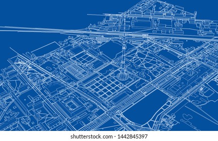 Outline city concept vector. Wire-frame style. The layers of visible and invisible lines. 3D illustration