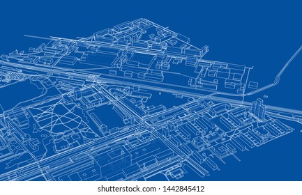 Outline city concept vector. Wire-frame style. The layers of visible and invisible lines. 3D illustration