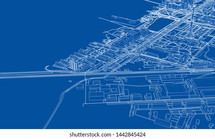 Outline city concept vector. Wire-frame style. The layers of visible and invisible lines. 3D illustration
