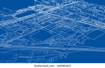 Outline city concept vector. Wire-frame style. The layers of visible and invisible lines. 3D illustration