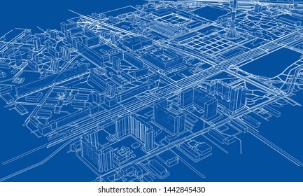 Outline city concept vector. Wire-frame style. The layers of visible and invisible lines. 3D illustration