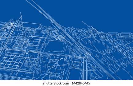 Outline city concept vector. Wire-frame style. The layers of visible and invisible lines. 3D illustration