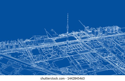 Outline city concept vector. Wire-frame style. The layers of visible and invisible lines. 3D illustration