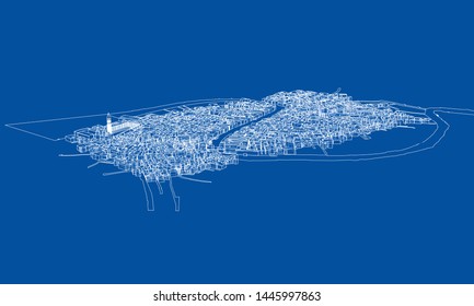 Outline city concept vector. Wire-frame style. The layers of visible and invisible lines. 3D illustration