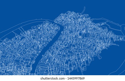 Outline city concept vector. Wire-frame style. The layers of visible and invisible lines. 3D illustration