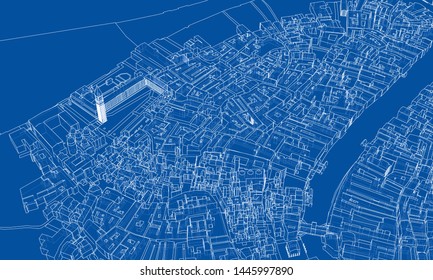 Outline city concept vector. Wire-frame style. The layers of visible and invisible lines. 3D illustration