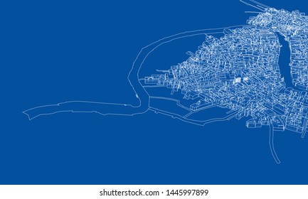 Outline city concept vector. Wire-frame style. The layers of visible and invisible lines. 3D illustration