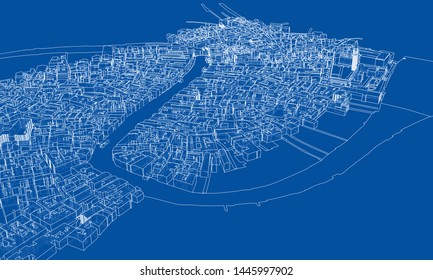 Outline city concept vector. Wire-frame style. The layers of visible and invisible lines. 3D illustration