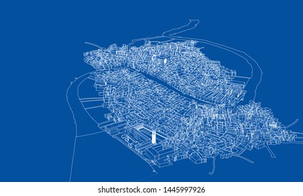 Outline city concept vector. Wire-frame style. The layers of visible and invisible lines. 3D illustration