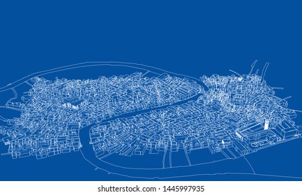 Outline city concept vector. Wire-frame style. The layers of visible and invisible lines. 3D illustration