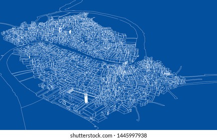 Outline city concept vector. Wire-frame style. The layers of visible and invisible lines. 3D illustration