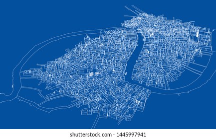 Outline city concept vector. Wire-frame style. The layers of visible and invisible lines. 3D illustration