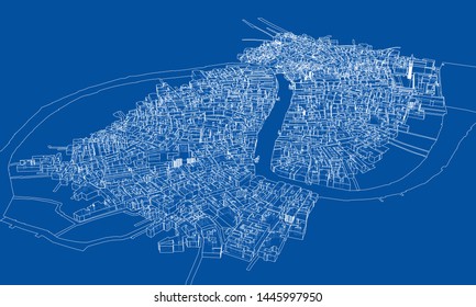 Outline city concept vector. Wire-frame style. The layers of visible and invisible lines. 3D illustration