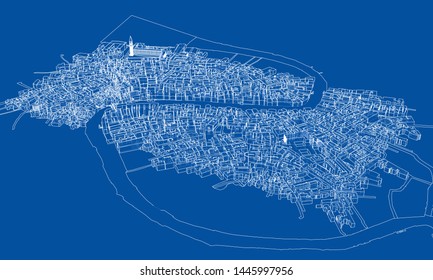 Outline city concept vector. Wire-frame style. The layers of visible and invisible lines. 3D illustration