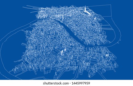 Outline city concept vector. Wire-frame style. The layers of visible and invisible lines. 3D illustration