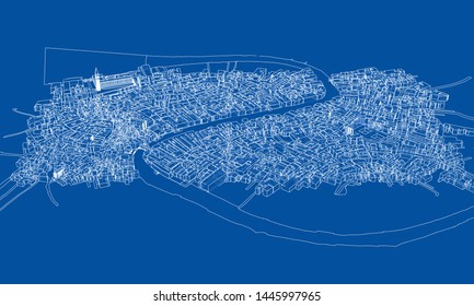 Outline city concept vector. Wire-frame style. The layers of visible and invisible lines. 3D illustration