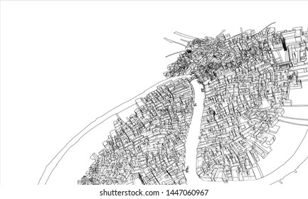 Outline city concept vector. Wire-frame style. The layers of visible and invisible lines. 3D illustration
