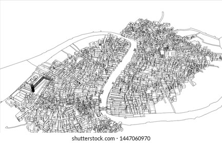 Outline city concept vector. Wire-frame style. The layers of visible and invisible lines. 3D illustration