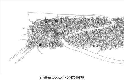 Outline city concept vector. Wire-frame style. The layers of visible and invisible lines. 3D illustration