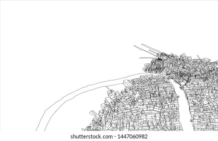 Outline city concept vector. Wire-frame style. The layers of visible and invisible lines. 3D illustration
