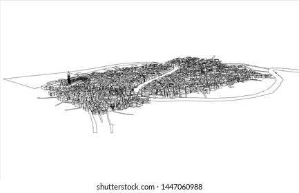 Outline city concept vector. Wire-frame style. The layers of visible and invisible lines. 3D illustration