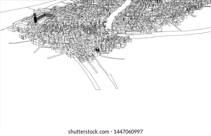 Outline city concept vector. Wire-frame style. The layers of visible and invisible lines. 3D illustration