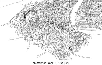 Outline city concept vector. Wire-frame style. The layers of visible and invisible lines. 3D illustration