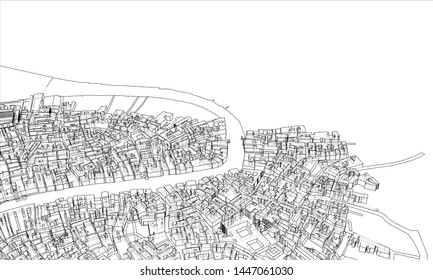 Outline city concept vector. Wire-frame style. The layers of visible and invisible lines. 3D illustration