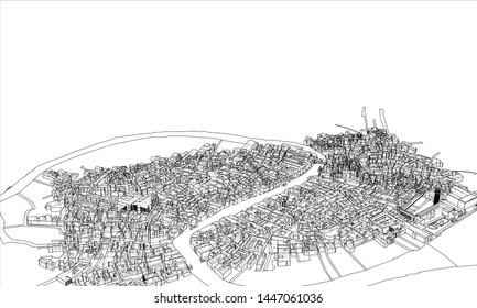 Outline city concept vector. Wire-frame style. The layers of visible and invisible lines. 3D illustration
