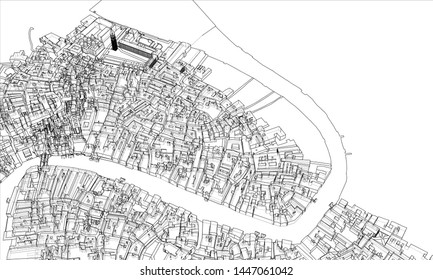 Outline city concept vector. Wire-frame style. The layers of visible and invisible lines. 3D illustration