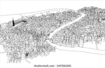 Outline city concept vector. Wire-frame style. The layers of visible and invisible lines. 3D illustration