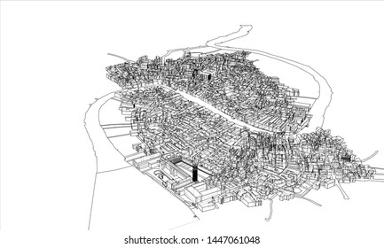Outline city concept vector. Wire-frame style. The layers of visible and invisible lines. 3D illustration