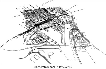 Outline city concept vector. Wire-frame style. The layers of visible and invisible lines. 3D illustration