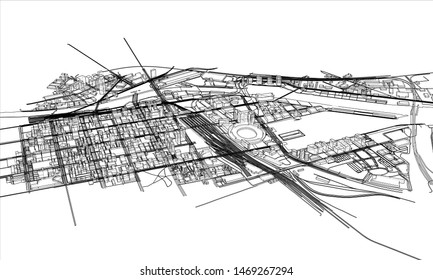 Outline city concept vector. Wire-frame style. The layers of visible and invisible lines. 3D illustration