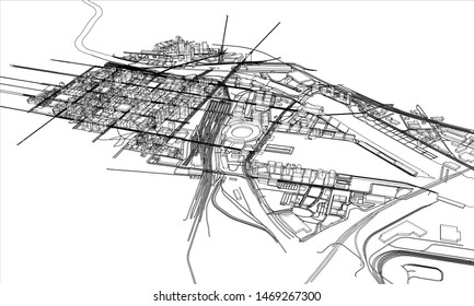 Outline city concept vector. Wire-frame style. The layers of visible and invisible lines. 3D illustration