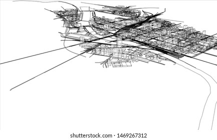 Outline city concept vector. Wire-frame style. The layers of visible and invisible lines. 3D illustration