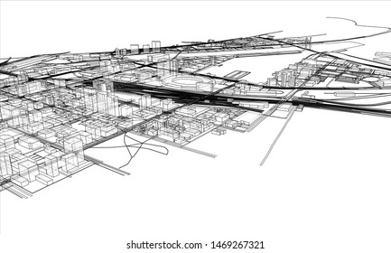 Outline city concept vector. Wire-frame style. The layers of visible and invisible lines. 3D illustration