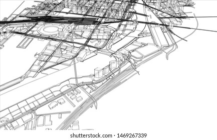 Outline city concept vector. Wire-frame style. The layers of visible and invisible lines. 3D illustration
