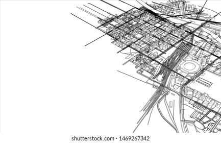 Outline city concept vector. Wire-frame style. The layers of visible and invisible lines. 3D illustration