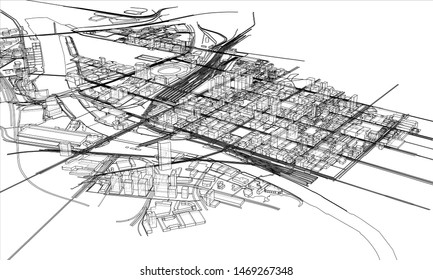 Outline city concept vector. Wire-frame style. The layers of visible and invisible lines. 3D illustration