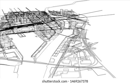 Outline city concept vector. Wire-frame style. The layers of visible and invisible lines. 3D illustration