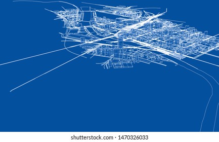 Outline city concept vector. Wire-frame style. The layers of visible and invisible lines. 3D illustration