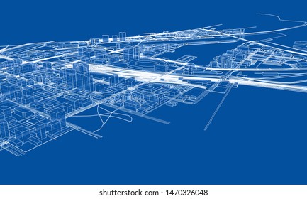 Outline city concept vector. Wire-frame style. The layers of visible and invisible lines. 3D illustration