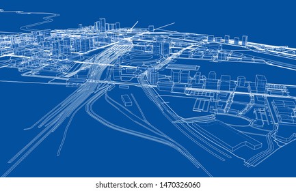 Outline city concept vector. Wire-frame style. The layers of visible and invisible lines. 3D illustration